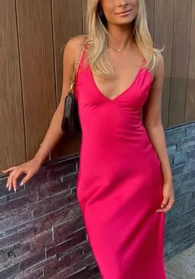 Sexy A line V neckline Sleeveless Party Dress Hot Pink Prom Dress