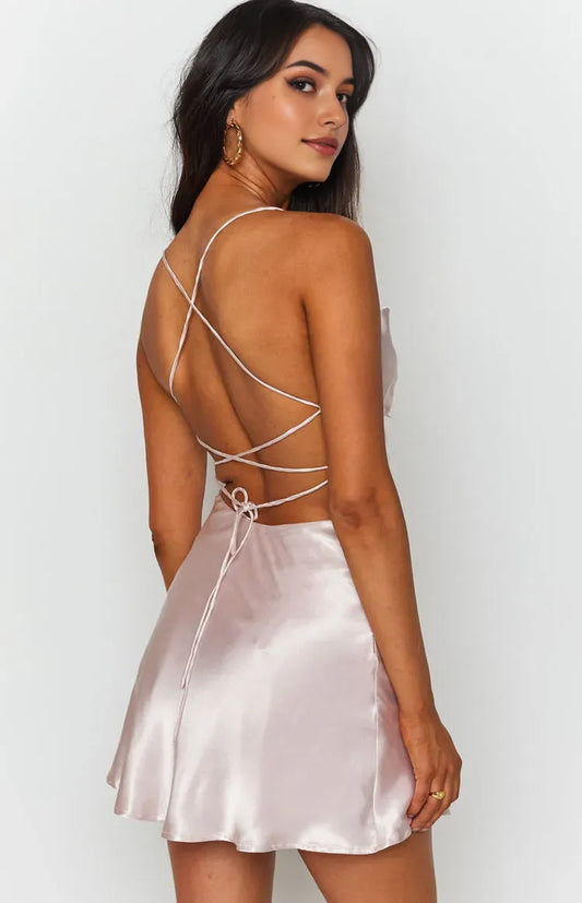 Sexy Backless Pink Satin Homecoming Dress Ruched Body and Flared Hem for an Elegant Appearance