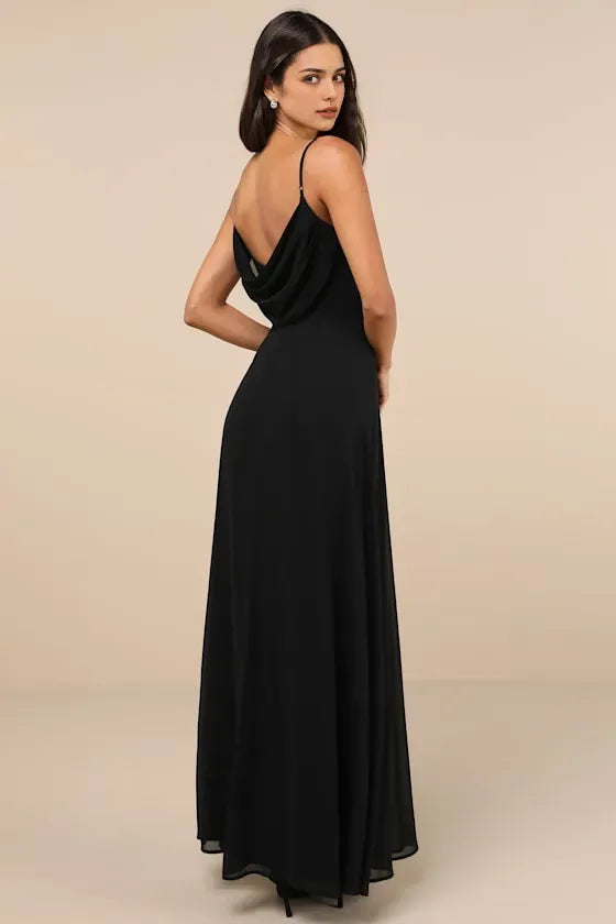 Sexy Black Chiffon Evening Dress with Cowl Neck Spaghetti Straps Flowy Slit Skirt Hot Sale Long Evening Dresses