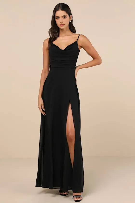 Sexy Black Chiffon Evening Dress with Cowl Neck Spaghetti Straps Flowy Slit Skirt Hot Sale Long Evening Dresses