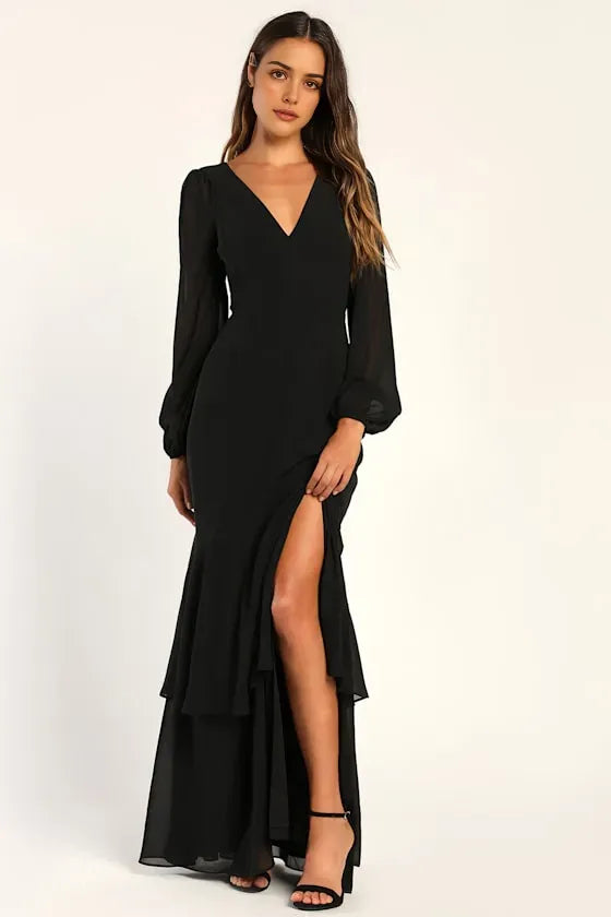 Sexy Black Chiffon Evening Dress with Deep V - Neck Sheer Long Sleeves Flowy Slit Mermaid Skirt Ideal for women