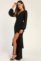 Sexy Black Chiffon Evening Dress with Deep V - Neck Sheer Long Sleeves Flowy Slit Mermaid Skirt Ideal for women