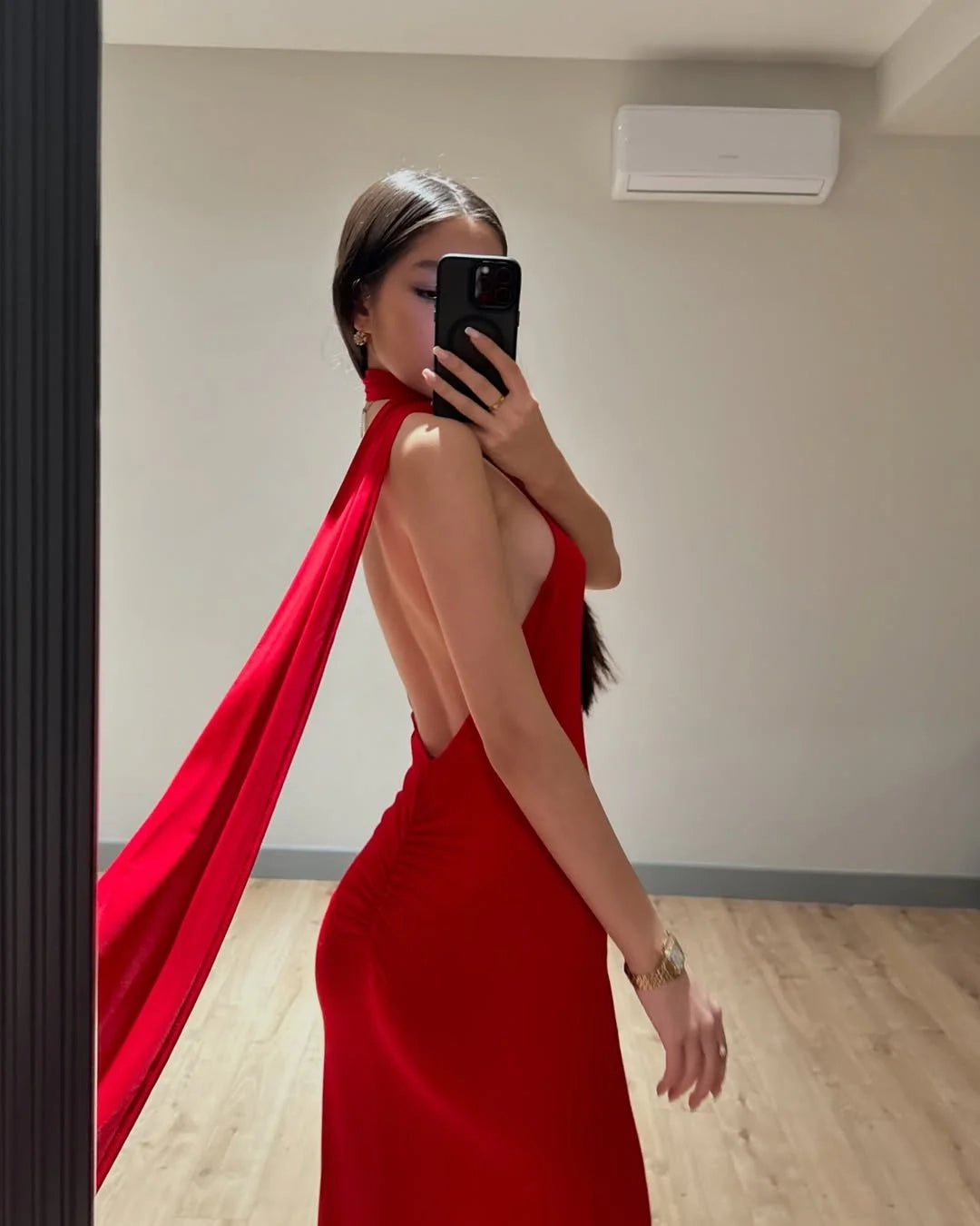 Sexy Bodycon Halter Sleeveless Cape Back Red Maxi Prom Dress
