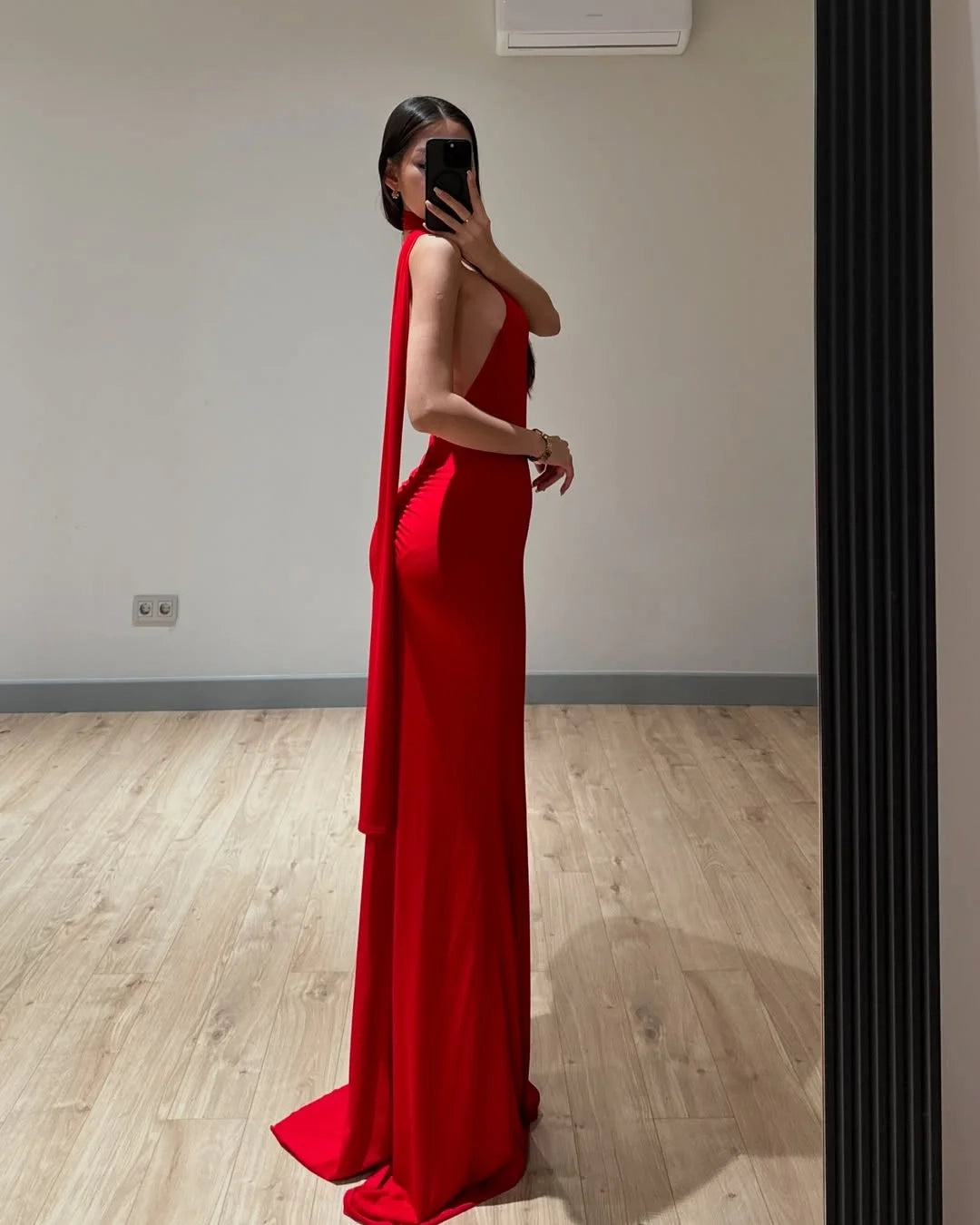 Sexy Bodycon Halter Sleeveless Cape Back Red Maxi Prom Dress