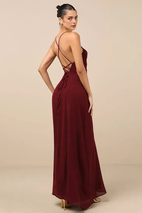 Sexy Burgundy Chiffon Spaghetti Strap Evening Dress with Twisted V - Neck Flowy Slit Skirt hot sale