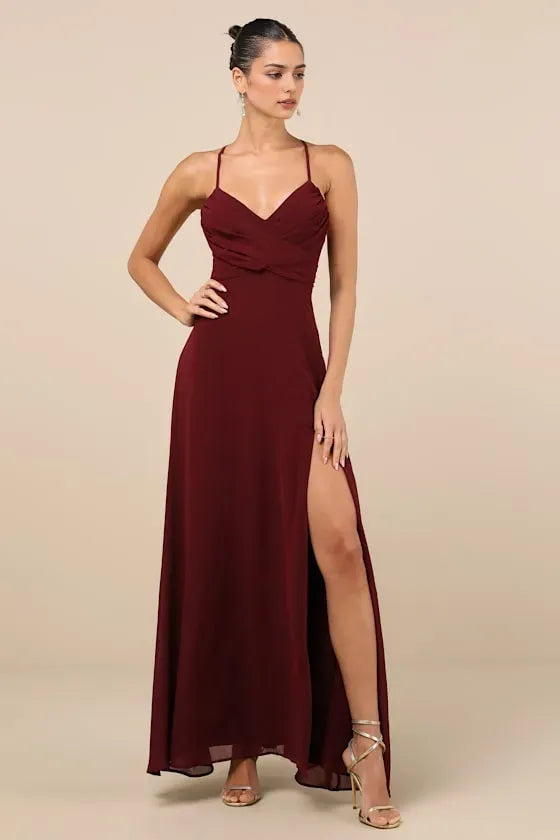 Sexy Burgundy Chiffon Spaghetti Strap Evening Dress with Twisted V - Neck Flowy Slit Skirt hot sale