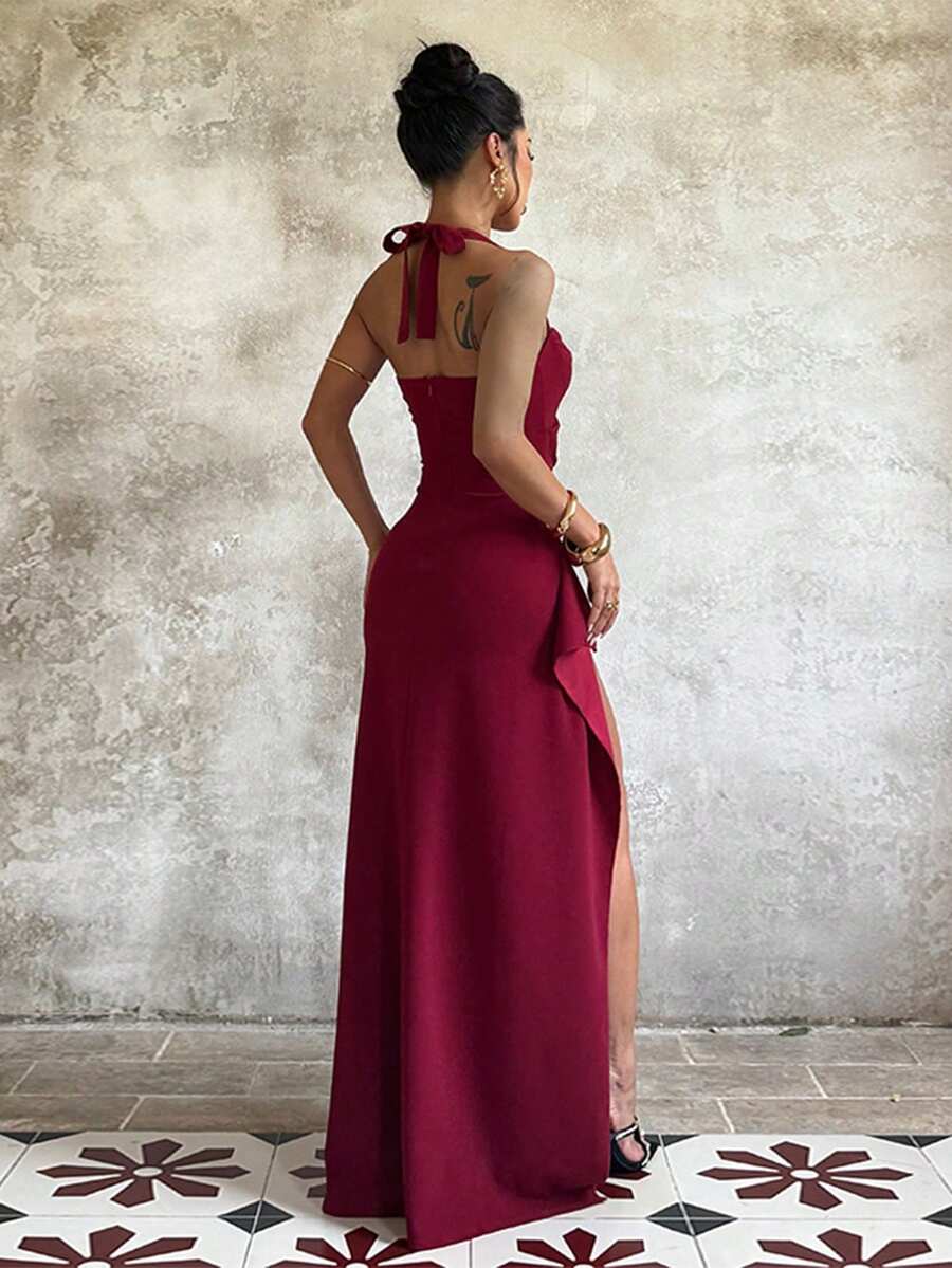Sexy Burgundy Mermaid Halter Neck Sleeveless Backless Back Zip Ruched Floor-Length High-Slit Satin Prom Dresses