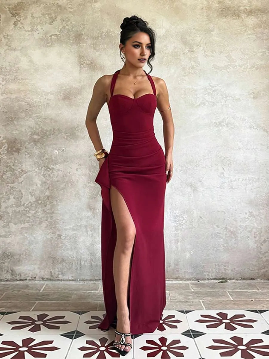 Sexy Burgundy Mermaid Halter Neck Sleeveless Backless Back Zip Ruched Floor-Length High-Slit Satin Prom Dresses