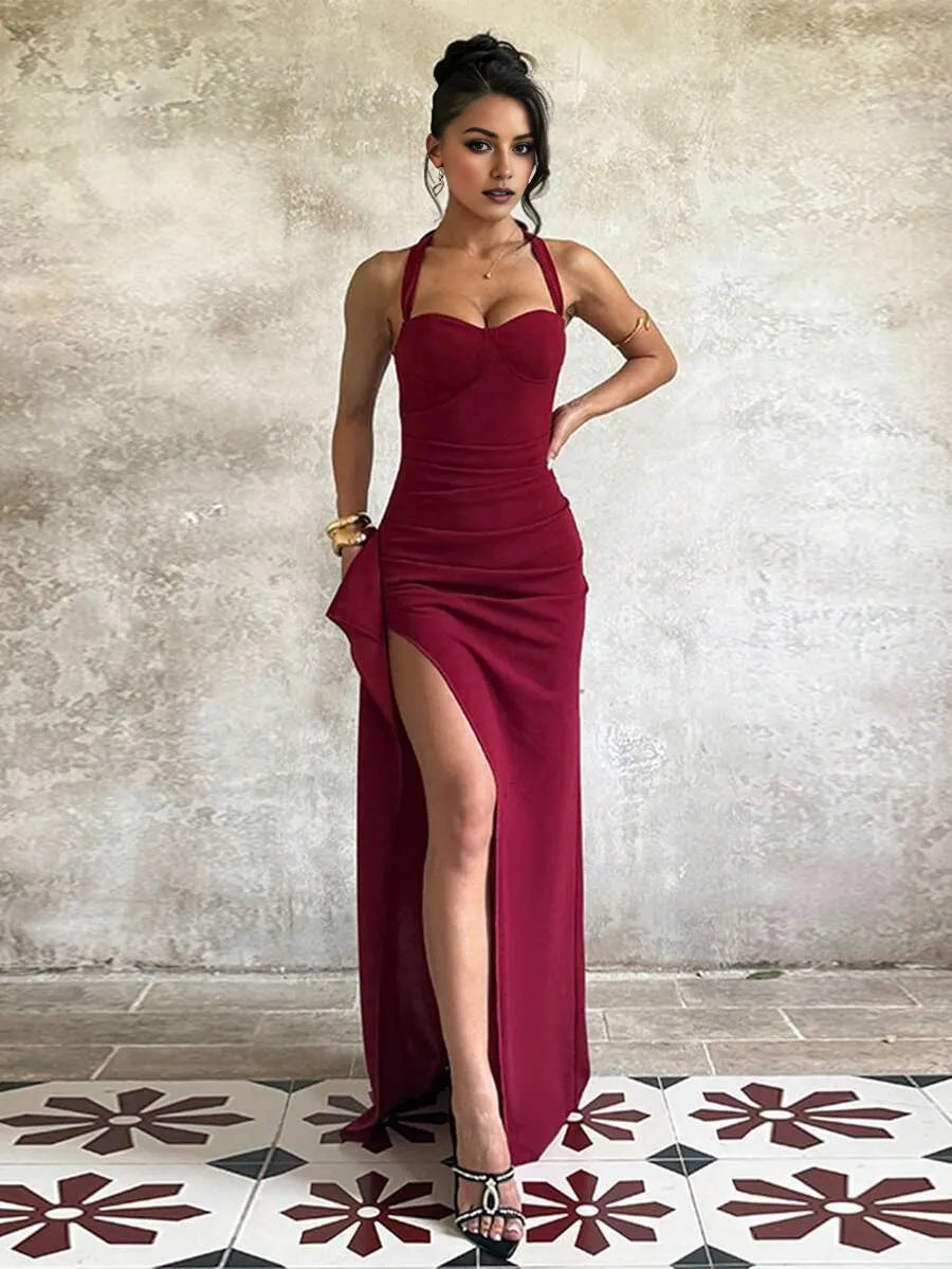 Sexy Burgundy Mermaid Halter Neck Sleeveless Backless Back Zip Ruched Floor-Length High-Slit Satin Prom Dresses