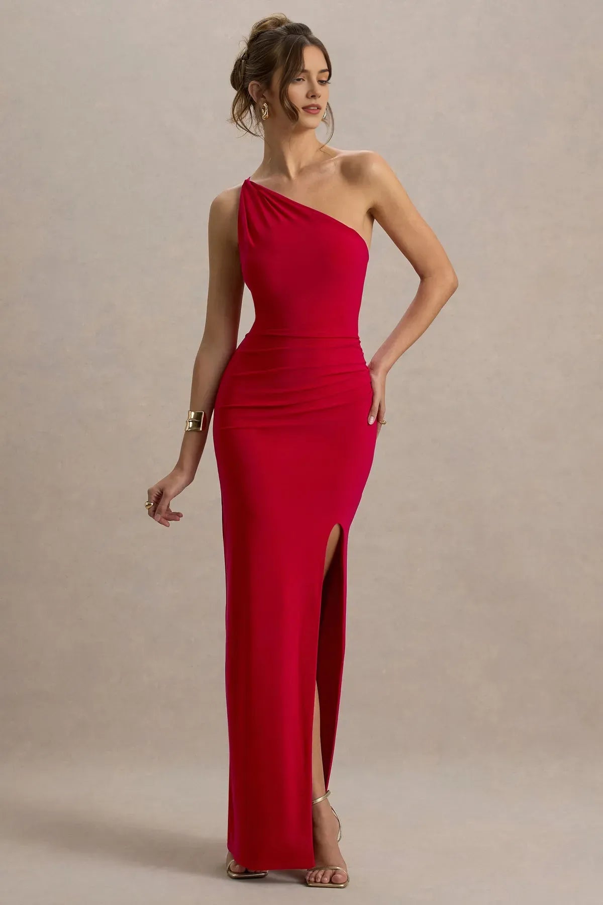 Sexy  Chic Red One Prom Dresses Asymmetric Neckline Ruched Bodice Slit Mermaid Silhouette for Head Turning Prom Style