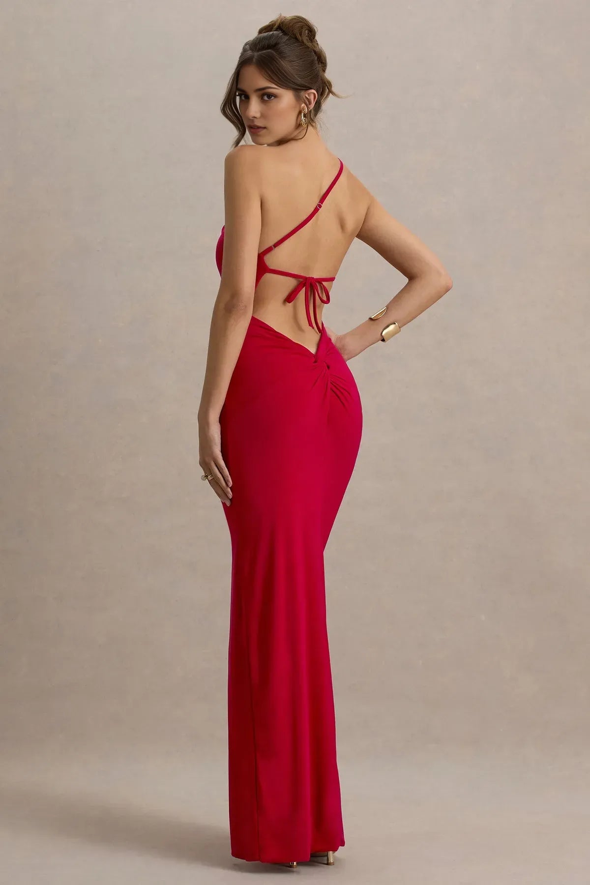 Sexy  Chic Red One Prom Dresses Asymmetric Neckline Ruched Bodice Slit Mermaid Silhouette for Head Turning Prom Style