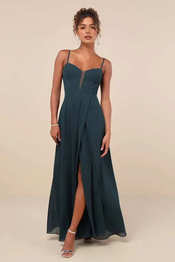 Sexy Dark Green Chiffon Evening Dress with Spaghetti Straps Sweetheart Neckline High Side Slit Ideal for Romantic Night Soirées