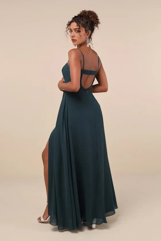 Sexy Dark Green Chiffon Evening Dress with Spaghetti Straps Sweetheart Neckline High Side Slit Ideal for Romantic Night Soirées