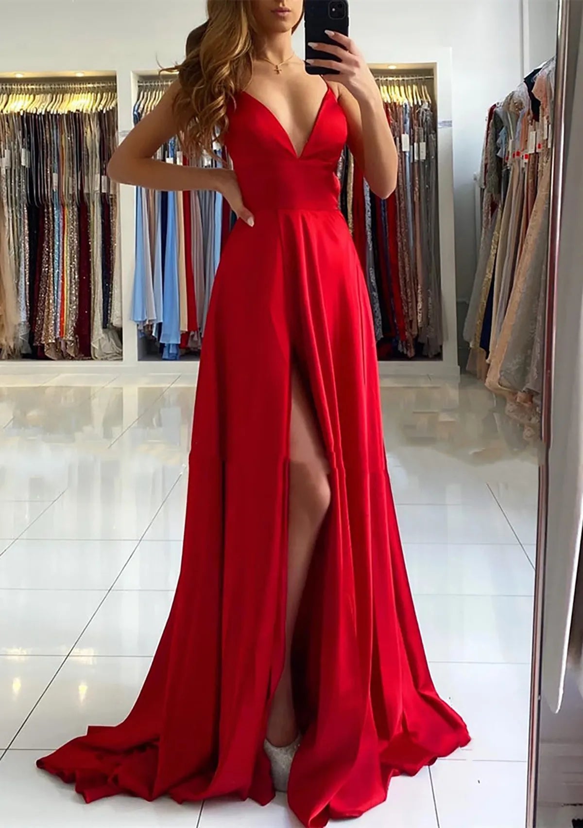 Sexy Deep V Neck Red Satin Prom Dress with High Side Slit Flowy Skirt  Bodycon Bodice  Perfect for Black Tie Galas Evening Weddings Red Carpet Showstopper Moments