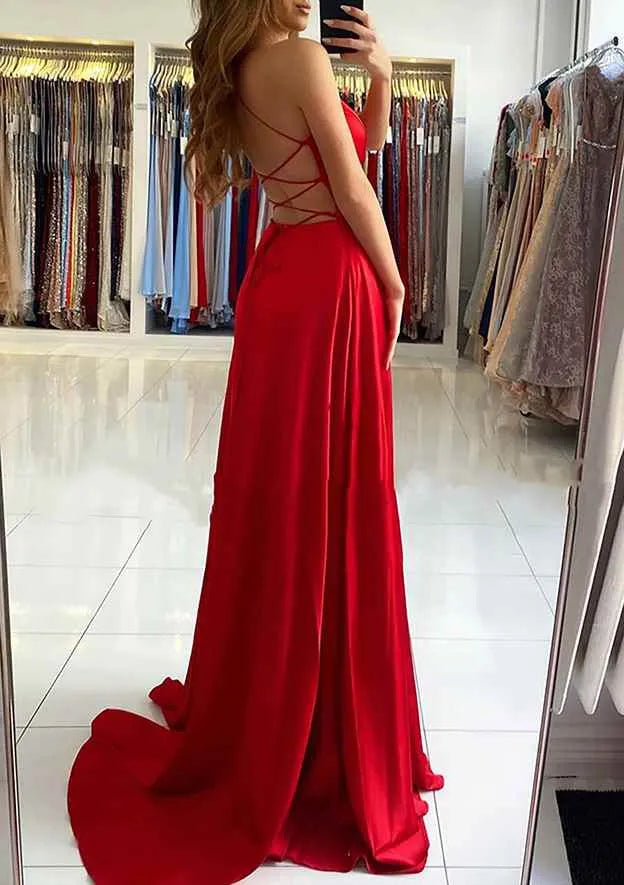 Sexy Deep V Neck Red Satin Prom Dress with High Side Slit Flowy Skirt  Bodycon Bodice  Perfect for Black Tie Galas Evening Weddings Red Carpet Showstopper Moments