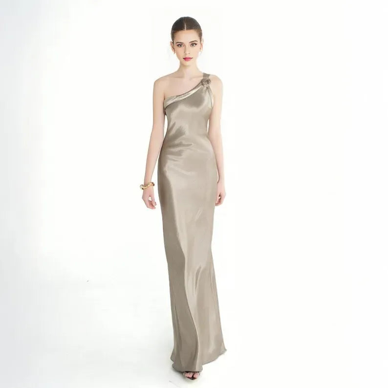 Sexy Grey Mermaid One-Shoulder Sleeveless Lace Up Floral-Embellished Satin Floor-Length Prom Dresses Hot sale