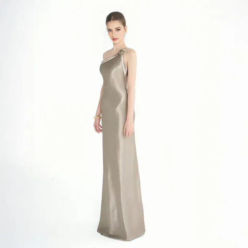 Sexy Grey Mermaid One-Shoulder Sleeveless Lace Up Floral-Embellished Satin Floor-Length Prom Dresses Hot sale