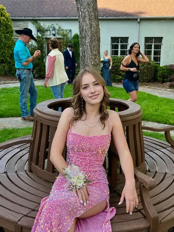 Sexy Mermaid Long Pink Sequin Prom Dress Party Dresses