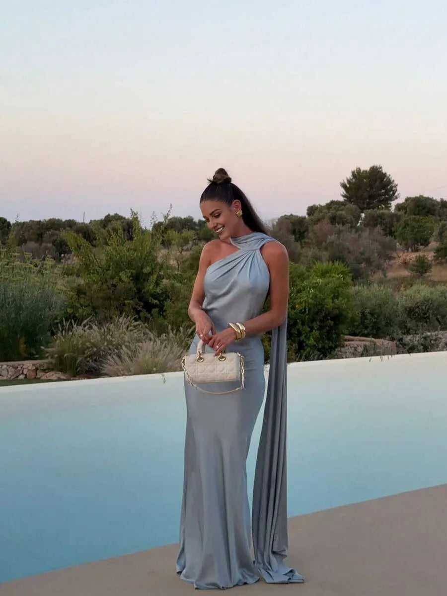 Sexy Mermaid One-Shoulder Sleeveless Backless Draped Floor-Length Satin Prom Dresses Hot sale