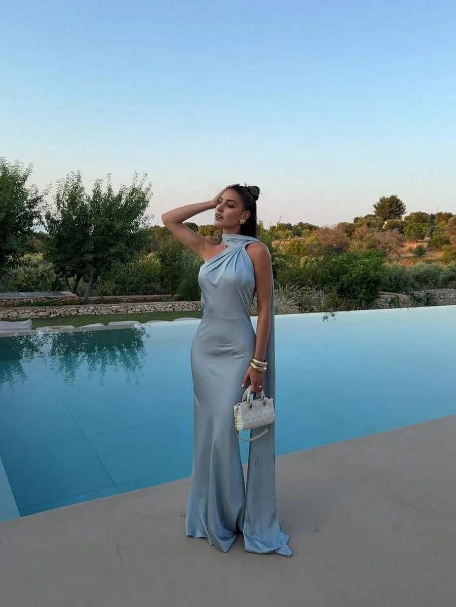 Sexy Mermaid One-Shoulder Sleeveless Backless Draped Floor-Length Satin Prom Dresses Hot sale