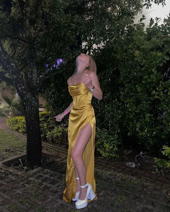 Sexy Mermaid Silk Satin Straps Evening Party Dress Long Yellow Prom Dress