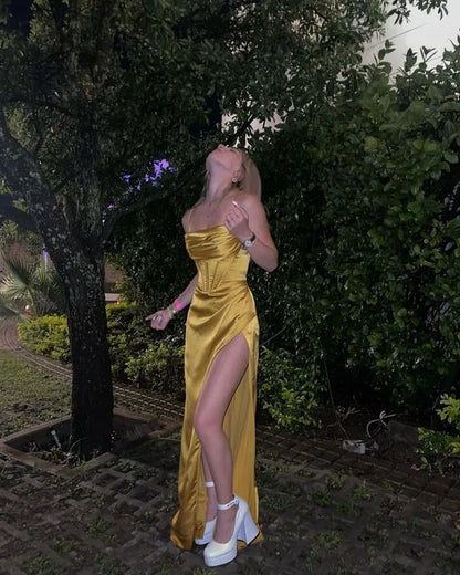 Sexy Mermaid Silk Satin Straps Evening Party Dress Long Yellow Prom Dress