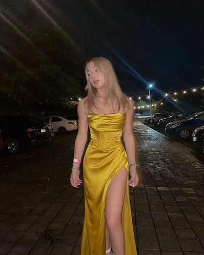 Sexy Mermaid Silk Satin Straps Evening Party Dress Long Yellow Prom Dress