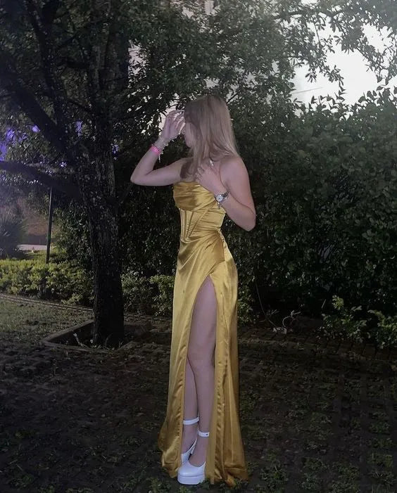 Sexy Mermaid Silk Satin Straps Evening Party Dress Long Yellow Prom Dress