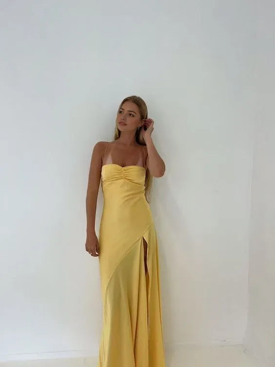 Sexy Mermaid Spaghetti Straps Sleeveless Party Dress Yellow Prom Dress ?
