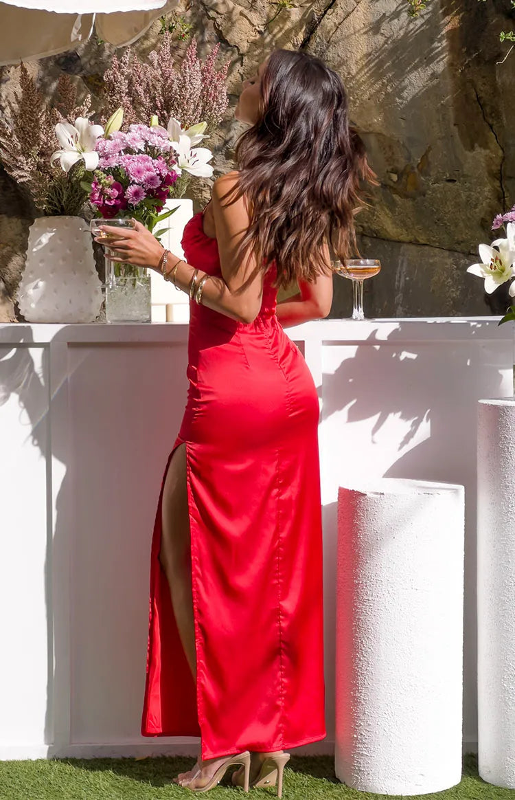 Sexy Red Satin Prom Dress Spaghetti Straps Ruched Plunging V  Neck Side Slit for a Glamorous Alluring Look