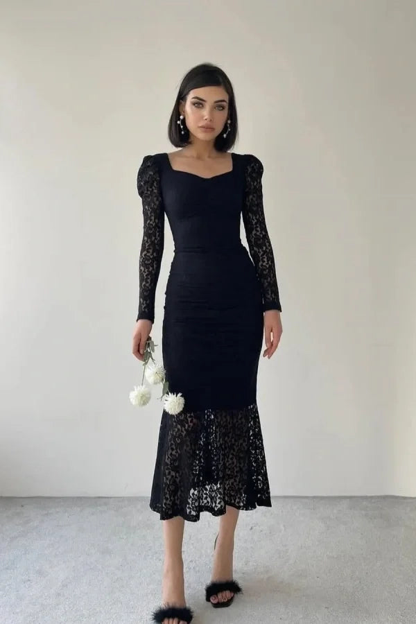 Sexy Ruched Sweetheart Long Sleeve Lace Black Midi Party Dress