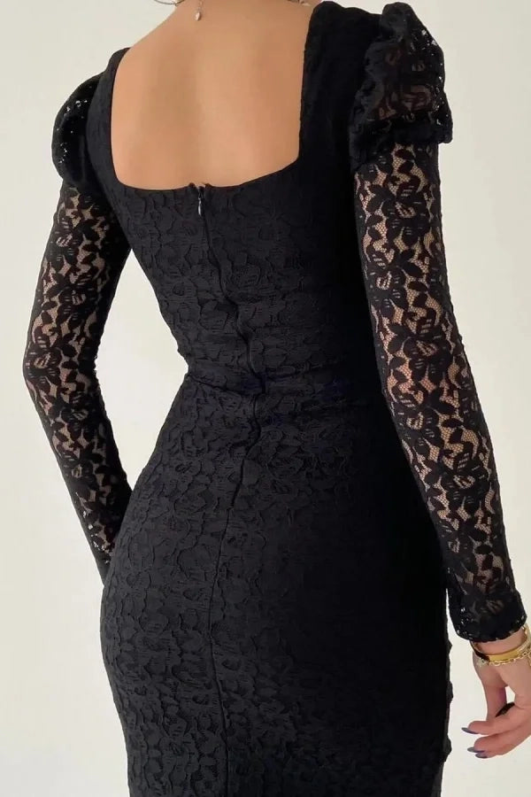 Sexy Ruched Sweetheart Long Sleeve Lace Black Midi Party Dress