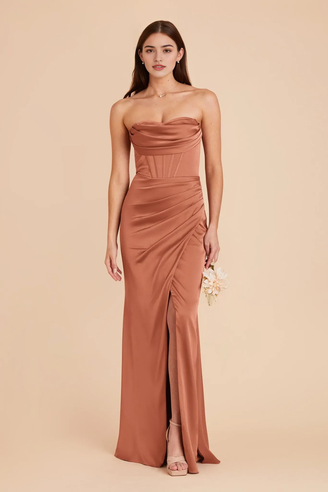 Sexy Rust Satin Strapless Prom Dress Corset Detail Side Slit for Alluring Glamour