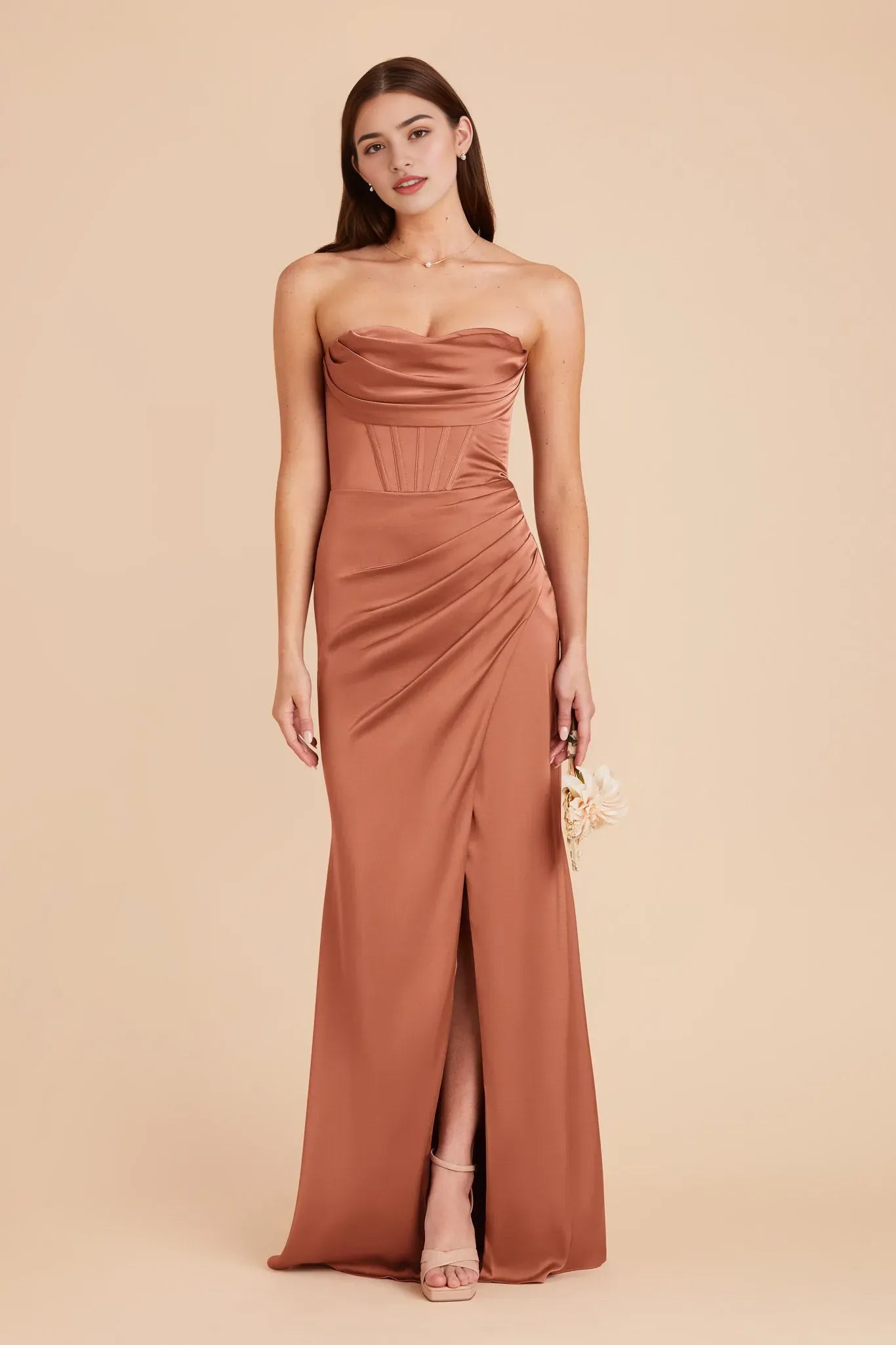 Sexy Rust Satin Strapless Prom Dress Corset Detail Side Slit for Alluring Glamour