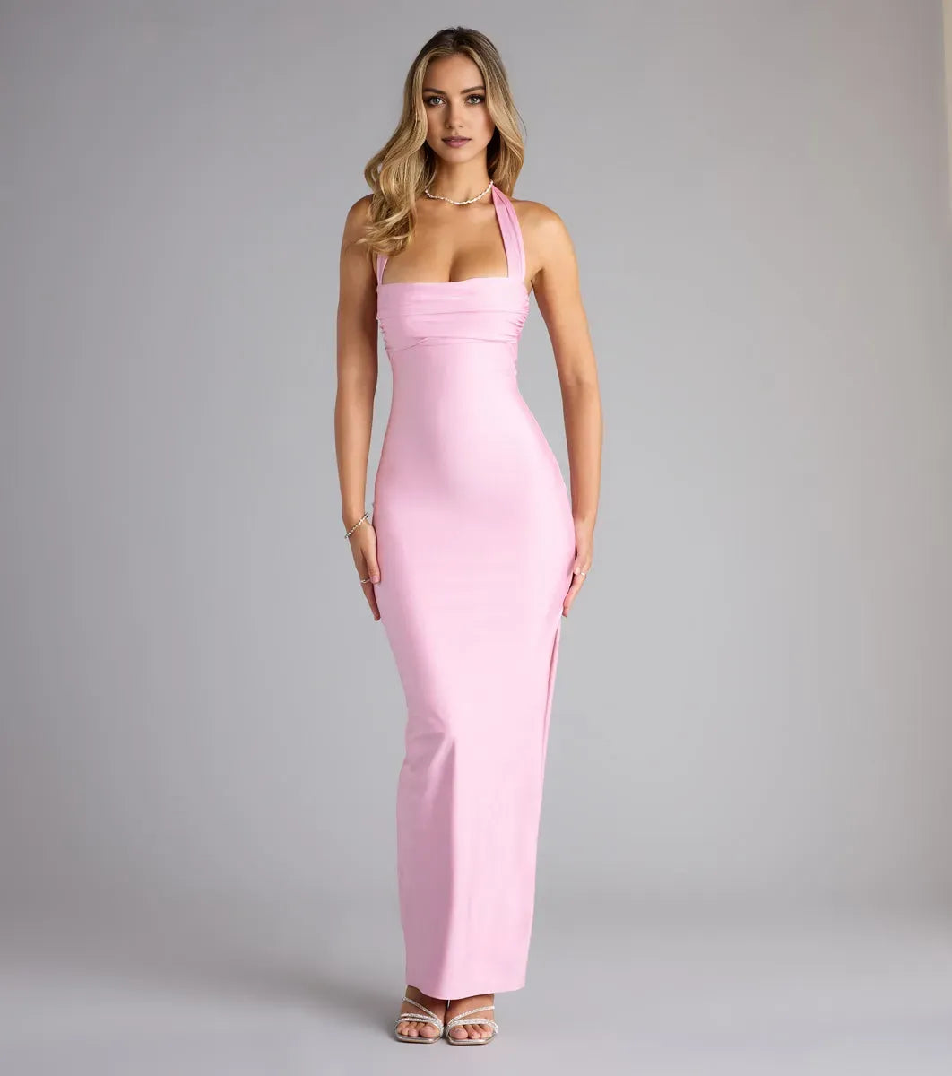 Sexy Sheath Halter Neck Sleeveless Backless Tie Back Ankle-Length Pink Satin Prom Dresses with Ruched Bodice High Slit