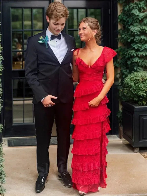 Sexy Sheath Lace Red Prom Dress Ruffles Party Dresses