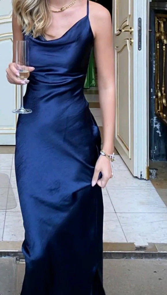 Sexy Sheath Sleeveless Party Dress Navy Blue Silk Satin Prom Dress