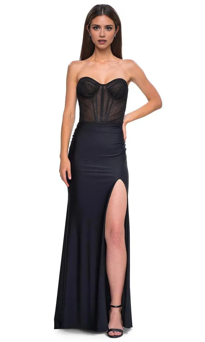 Sexy Strapless Mesh Corset Top Black Prom Dress with High Side Slit for Formal Evening Events