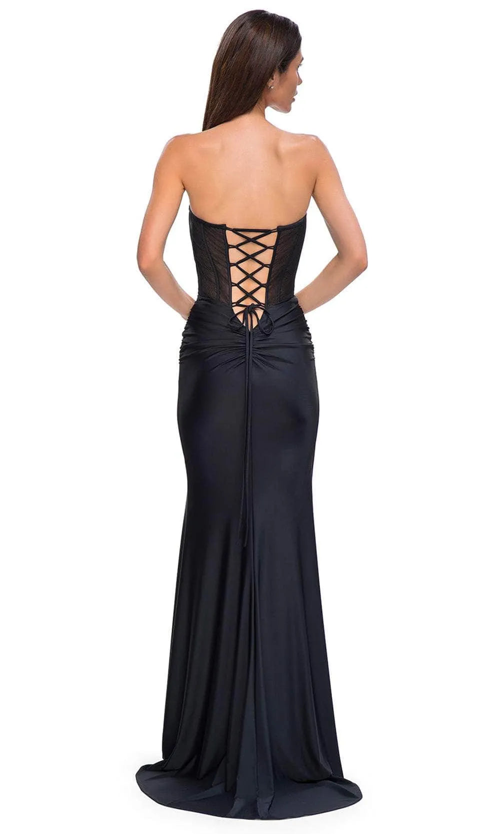 Sexy Strapless Mesh Corset Top Black Prom Dress with High Side Slit for Formal Evening Events