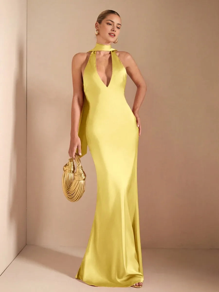 Sexy Yellow Mermaid Halter Neck Sleeveless Backless Floor-Length Cut-Out Back Satin Prom Dress