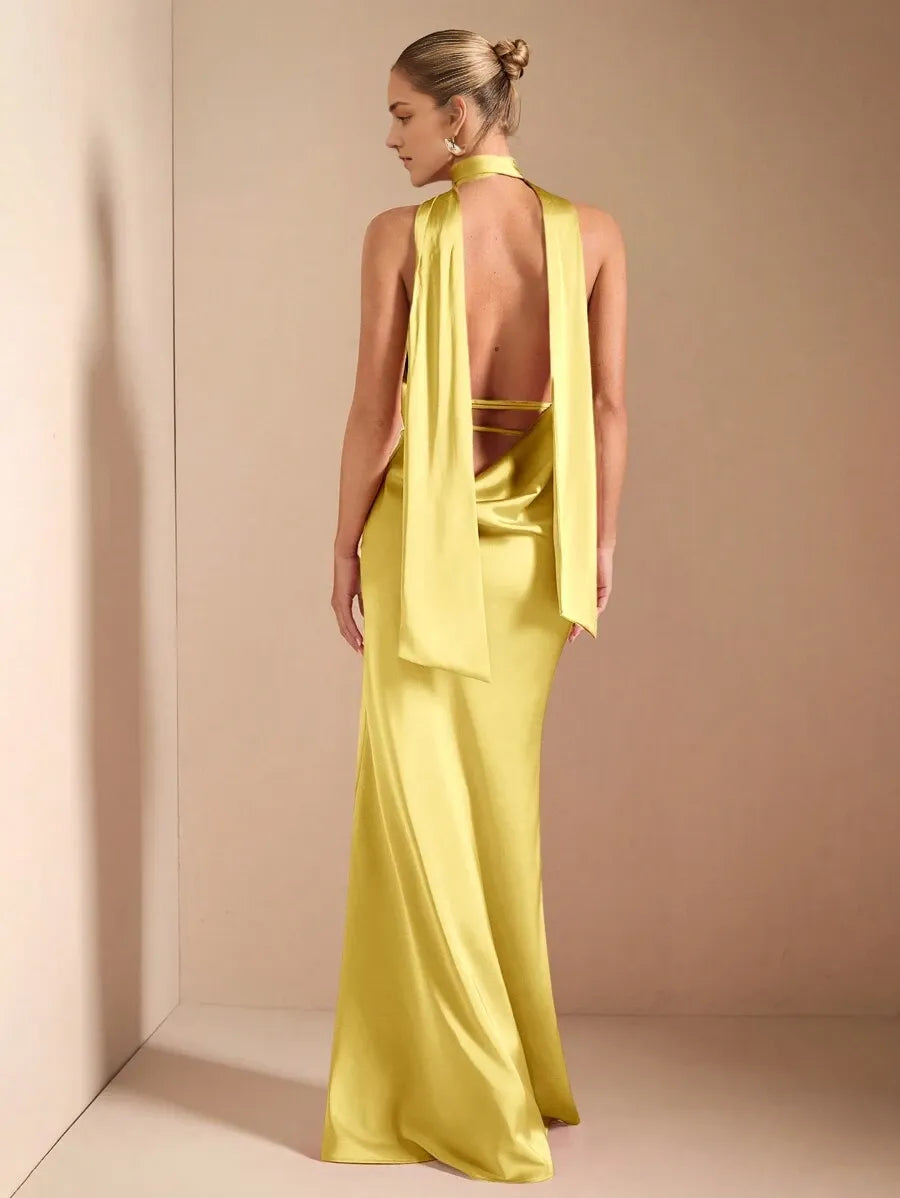 Sexy Yellow Mermaid Halter Neck Sleeveless Backless Floor-Length Cut-Out Back Satin Prom Dress
