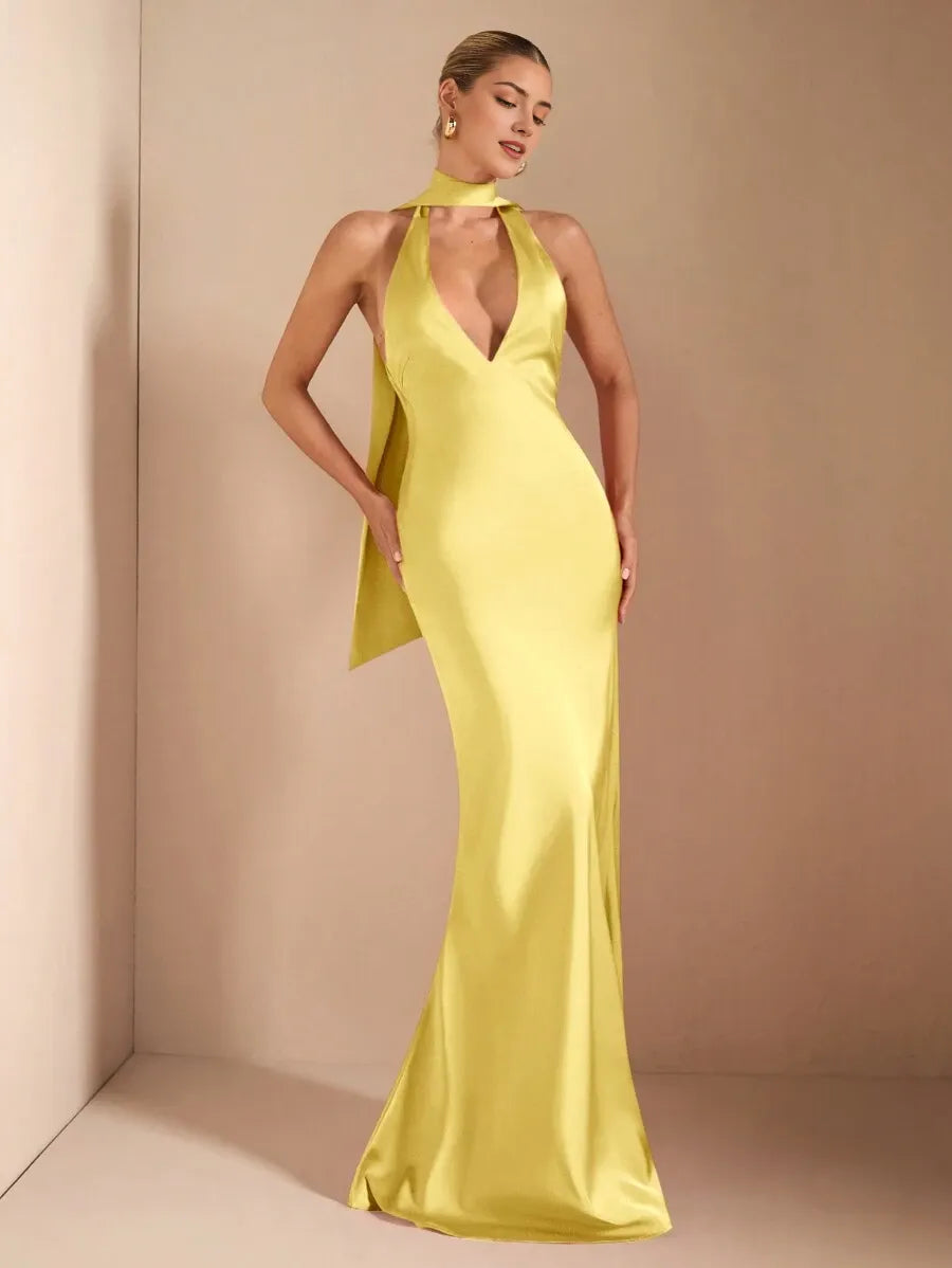 Sexy Yellow Mermaid Halter Neck Sleeveless Backless Floor-Length Cut-Out Back Satin Prom Dress
