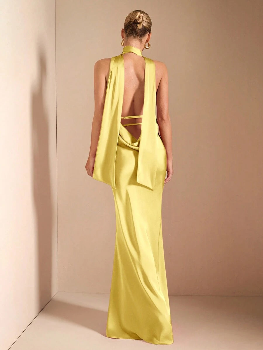 Sexy Yellow Mermaid Halter Neck Sleeveless Backless Floor-Length Cut-Out Back Satin Prom Dress