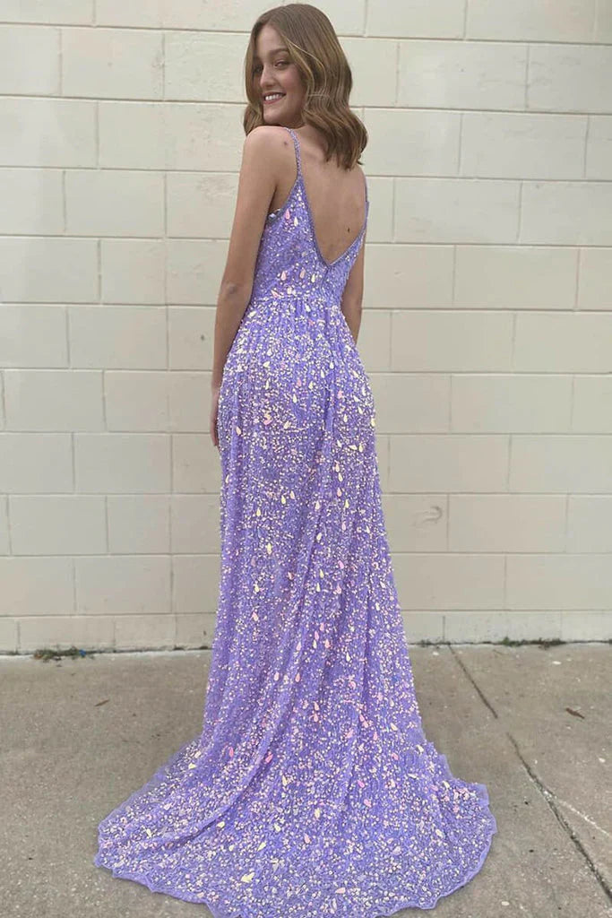 DingJiDress Sheath Deep V-Neck Sweep Train Spaghetti Straps Sleeveless Prom Dress with Split Sequins