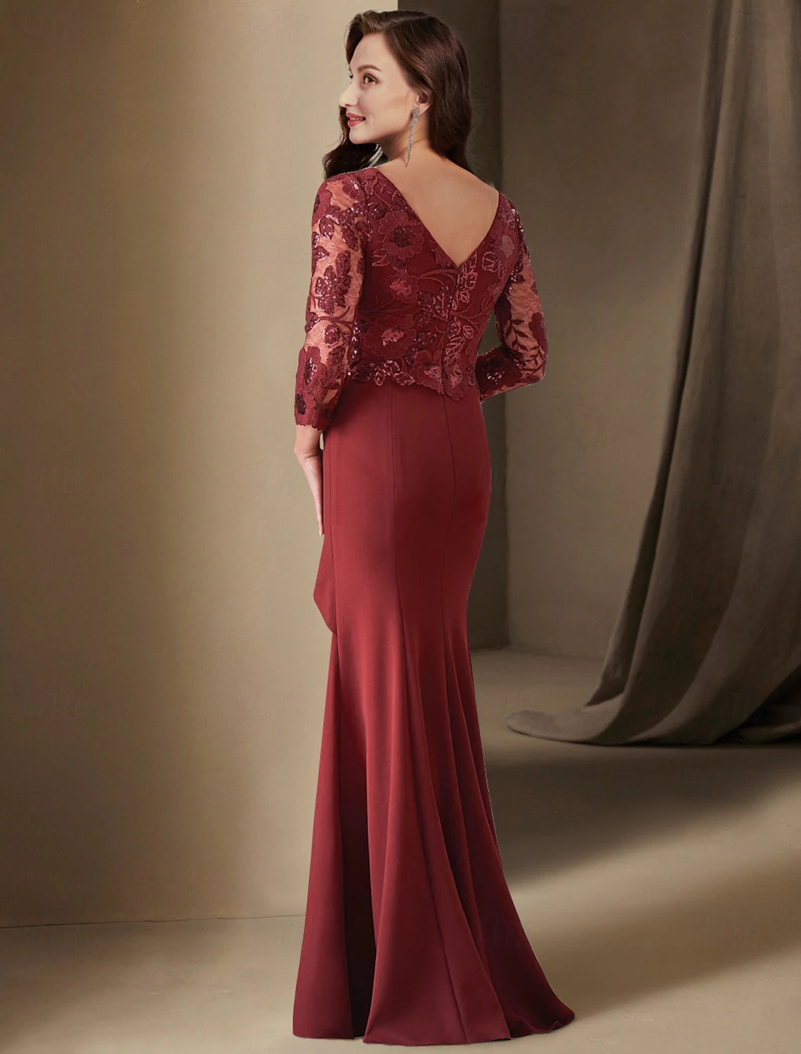 Sheath  Column Dress Mother of the Bride Dress Elegant V Neck Floor Length Satin 34 Length Sleeve with Lace Pleats Solid Color