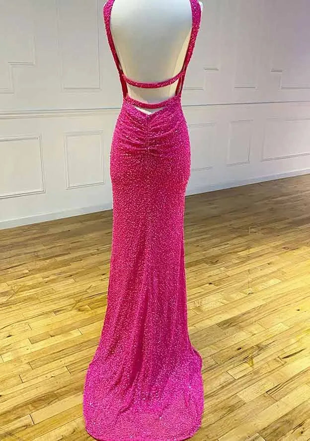 Sheath/Column Halter Sleeveless Court Train Velvet Sequins Prom Dress With Split