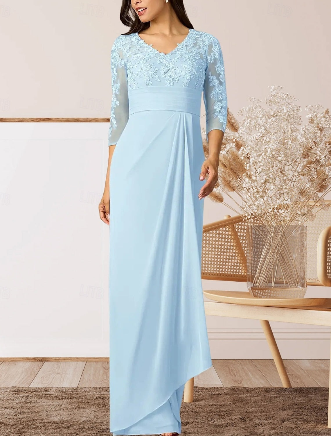 Sheath / Column Mother of the Bride Dress Wedding Guest Elegant High Split V Neck Floor Length Chiffon 3/4 Length Sleeve with Ruffles Appliques Ruching