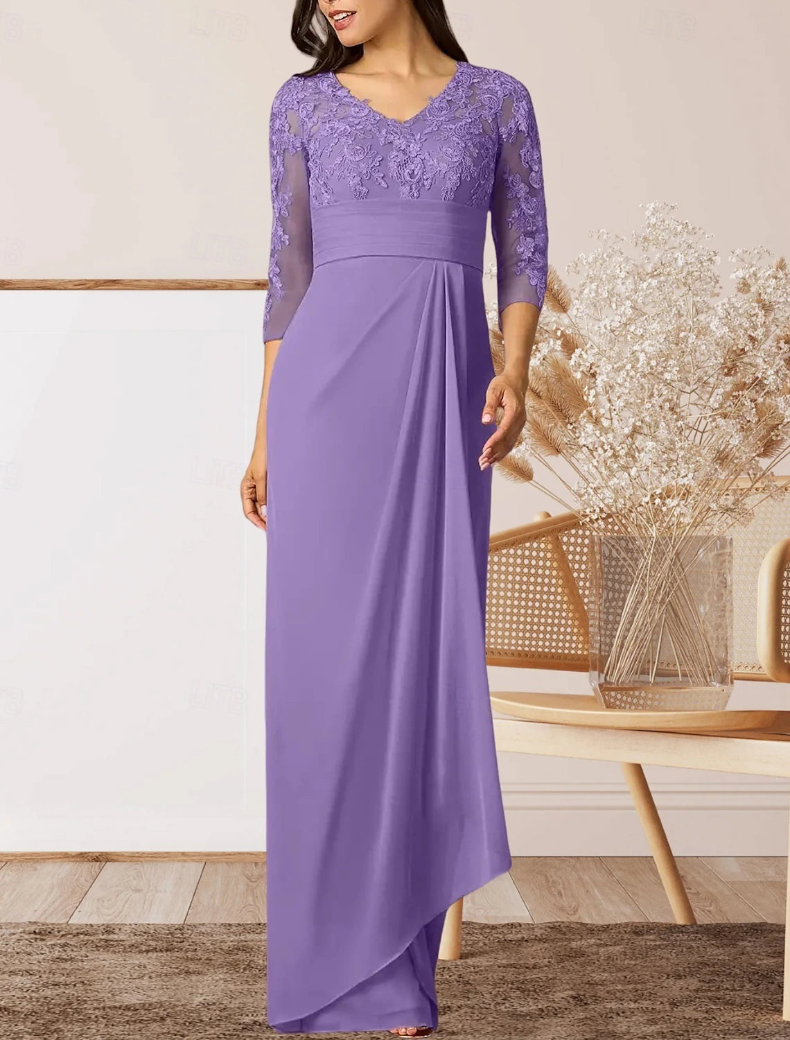 Sheath / Column Mother of the Bride Dress Wedding Guest Elegant High Split V Neck Floor Length Chiffon 3/4 Length Sleeve with Ruffles Appliques Ruching