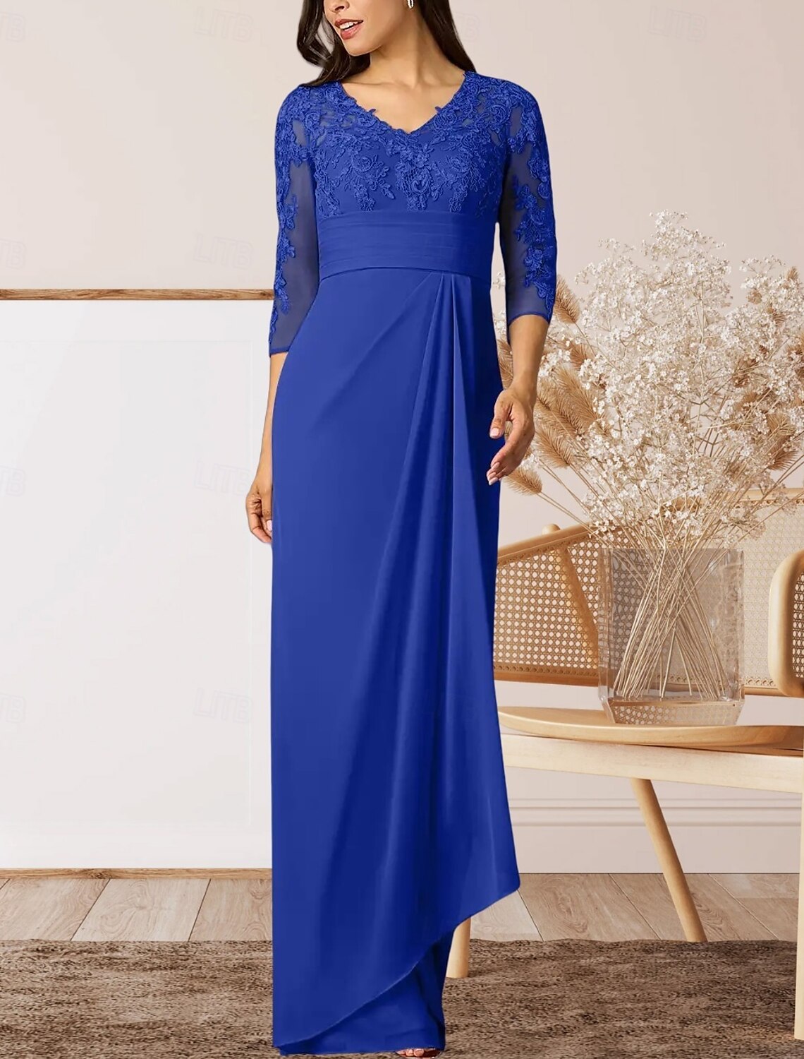 Sheath / Column Mother of the Bride Dress Wedding Guest Elegant High Split V Neck Floor Length Chiffon 3/4 Length Sleeve with Ruffles Appliques Ruching