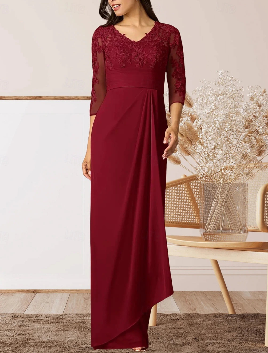 Sheath / Column Mother of the Bride Dress Wedding Guest Elegant High Split V Neck Floor Length Chiffon 3/4 Length Sleeve with Ruffles Appliques Ruching